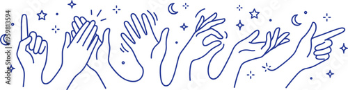 Minimalist blue line art illustration of diverse human hands with mystical celestial stars and crescent moons on white background vector