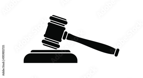 A black silhouette of a gavel resting on a sound block silhouette