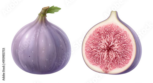whole purple fig alongside half-cut fig revealing its intricate red interior.