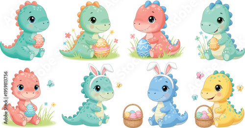 Colorful cartoon dinosaurs in pastel shades with easter eggs and baskets around them happily