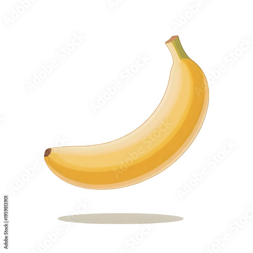 single ripe yellow banana floating gracefully against minimalist dark background.