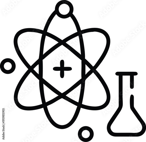 This image depicts a stylized atomic model with orbiting electrons and a laboratory flask representing science and chemistry high quality professional detailed modern elegant stylish clean