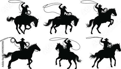 Cowboy silhouette vector set featuring rodeo riders on galloping horses throwing lassos, western rancher action poses, and wild west horseman graphic elements.