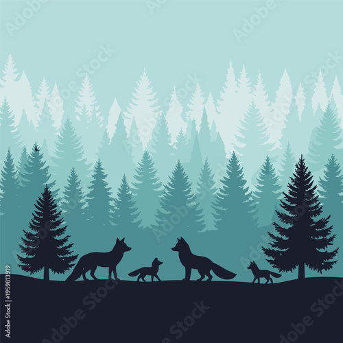 Family of wolves walking together.