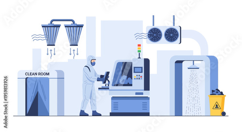 Cleanroom Manufacturing Process with Worker in Protective Suit, Operating Machine & Air Filtration System