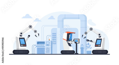 Industrial Automation Robotics Factory: Smart Manufacturing Production Line with AI Robots & Robotic Arms Operating Machinery in Modern Tech Plant