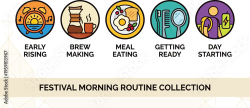 A collection of icons depicts a festival morning routine including early rising, brew making, meal eating, getting ready, and day starting.