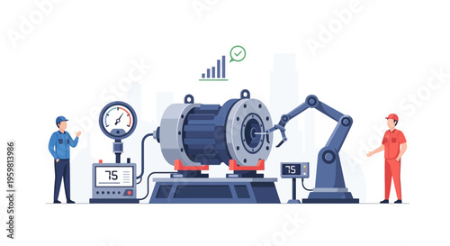 Industrial Automation & Smart Factory Operation with Robotic Arm. Technicians monitor machine performance and optimize production processes in modern manufacturing.