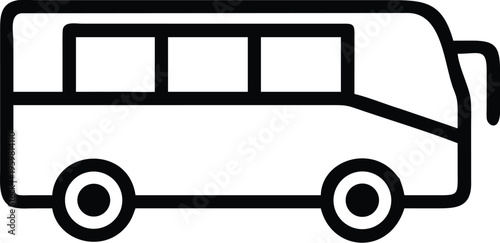 A simple black and white line drawing depicts the side profile of a passenger bus featuring large windows and wheels high quality professional detailed modern elegant