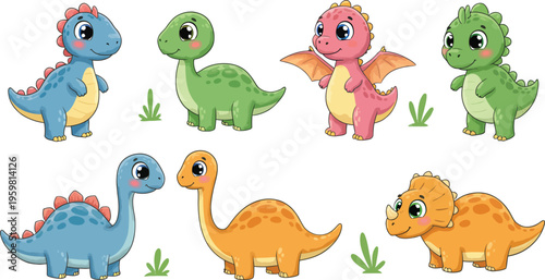 Colorful cartoon dinosaurs in various poses and species on white background for kids