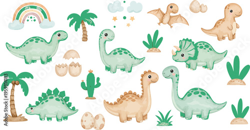 Colorful illustration of dinosaurs and plants in a prehistoric landscape with rainbow