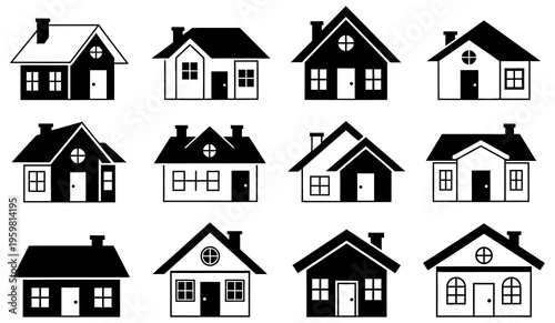 Collection of 12 simple black and white house illustrations