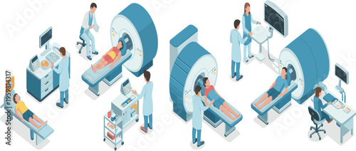 Isometric medical imaging scene with MRI scanner, doctors and patients, healthcare diagnostics technology, hospital equipment, modern medicine illustration isolated background