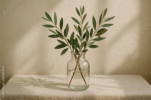 Olive Branches in Glass Vase with Natural Light
