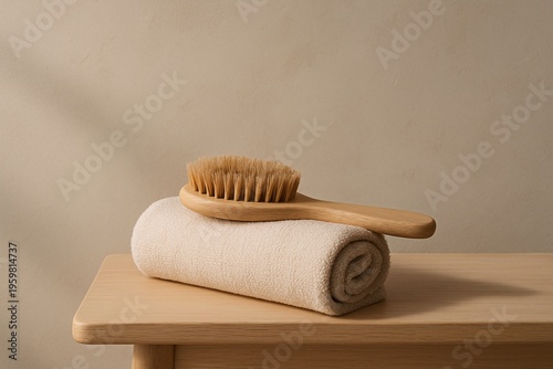 Natural Wooden Brush on Rolled Towel