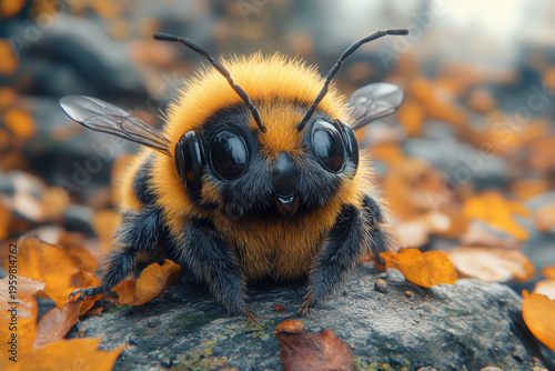 Bee with black eyes and yellow antennae.