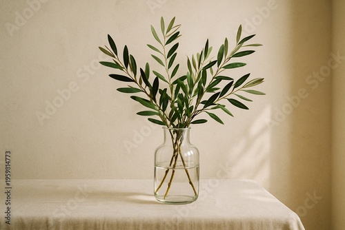 Olive Branches in Glass Vase with Natural Light
