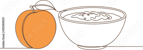 Single continuous line drawing of a ripe peach next to a bowl of creamy fruit puree
