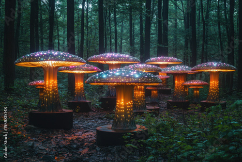 Group of mushrooms sprouting in dense woods.