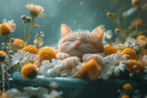 Cat sleeping in flower-filled pot.
