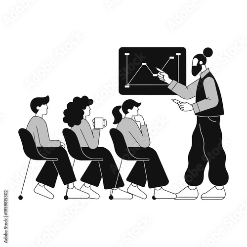 Vector of a teacher presenting a statistical chart to a group of attentive students