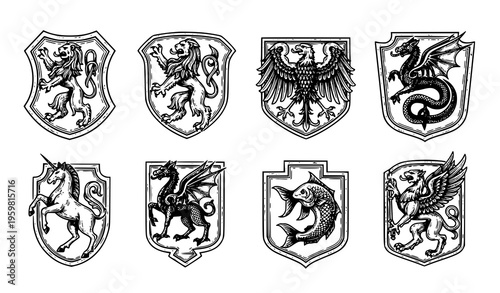 Vintage heraldry animals vector set with engraved lion dragon unicorn eagle and medieval coat of arms emblems