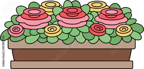 Foto Colorful Cartoon Flower Box with Pink and Yellow Roses in Wooden Planter Vector
