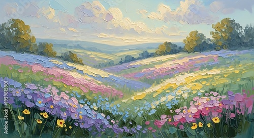 pastel spring landscape painting, rolling hills covered with blooming wildflowers in soft pastel palette, light clouds drifting across a pale blue sky, warm golden sunlight, impressionist brushwork, 