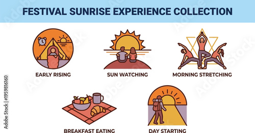A collection of illustrations depicting various festival sunrise experiences like early rising, sun watching, and morning stretching.