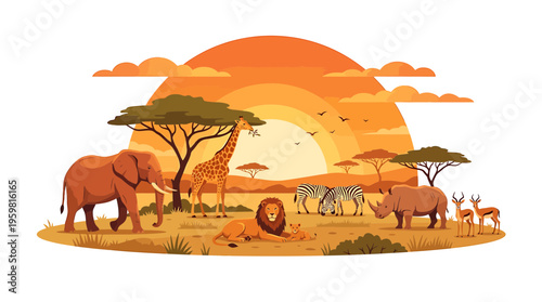 African Safari Animals at Sunset: Elephant, Lion, Giraffe, Zebra, Rhino, Antelope