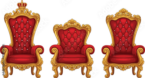 Royal throne chair set with red velvet upholstery golden frame luxury king seat ornate furniture illustration
