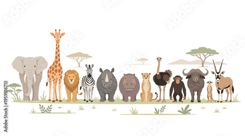 African Safari Animals Collection: Elephant, Giraffe, Lion, Zebra, Rhino, Cheetah, Ostrich, Chimpanzee, Buffalo, Oryx