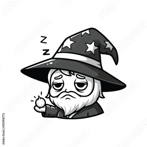 A cartoon wizard with a starry hat and a sleepy expression conjures magic in a whimsical black and white illustration with a playful mood