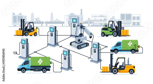 Smart Industrial EV Charging Network. Electric Forklifts, Delivery Trucks, and Robotic Arm Charging for Sustainable Logistics and Automation.