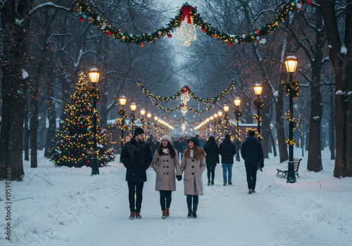 People walking through snow-covered streets of Central Park.