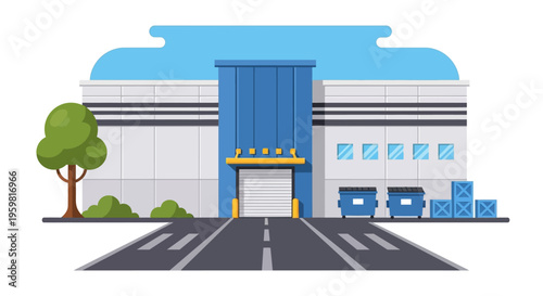 Modern Warehouse and Logistics Distribution Center with Loading Dock - Flat Design Vector Illustration