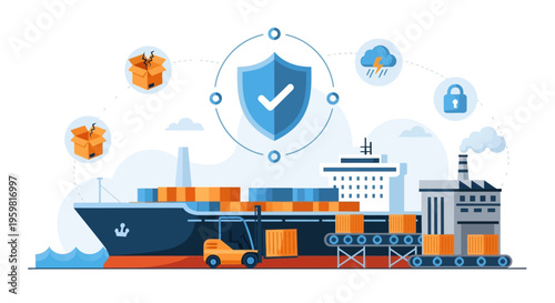 Logistics and Supply Chain Security. Global Cargo Shipping, Freight Insurance, and Risk Management Illustration for Goods Protection against Damage & Hazards.