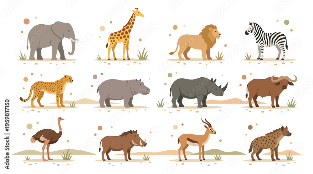 Obraz premium African Safari Animals Collection: Elephant, Lion, Giraffe, Zebra, Cheetah, Rhino, Hippo, Buffalo, Ostrich, Warthog, Gazelle, Hyena