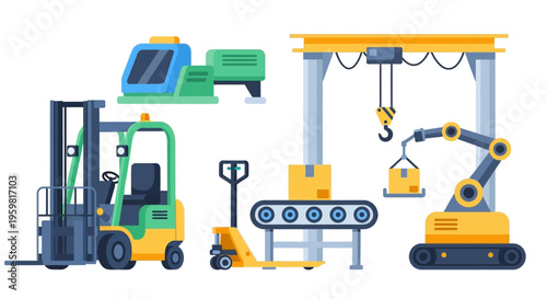 Industrial Logistics, Warehouse & Manufacturing Automation Machinery Flat Illustration Set