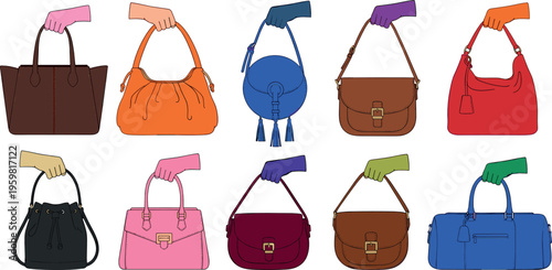Handbags and Purses Collection with Different Styles and Colors Held by Hands in Vector Illustration Style
