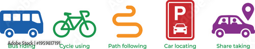 Icons representing various modes of transportation and navigation for urban mobility and travel.