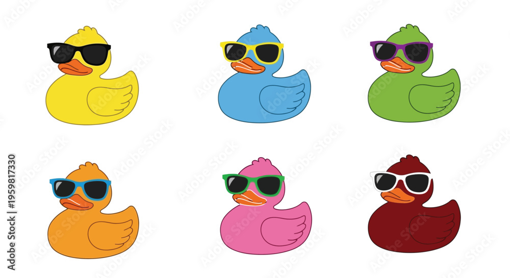 Fototapeta premium Colorful rubber ducks wearing sunglasses in a playful arrangement high quality