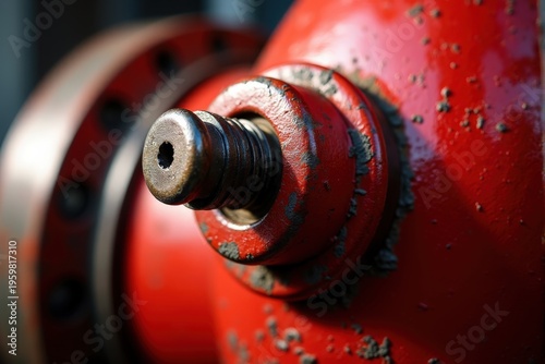 A detailed close-up shot of a red industrial valve showcasing its texture and design.