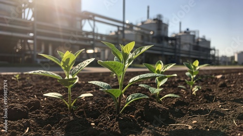 Young green plants growing in fertile soil with an industrial plant in the background under sunlight.