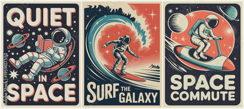 Cosmic adventure blends space and surfing. Astronauts ride waves, planets, and stars. Each panel has bold, vintage-inspired design. Mood is playful, dreamy, and adventurous. Ideal for sci-fi posters