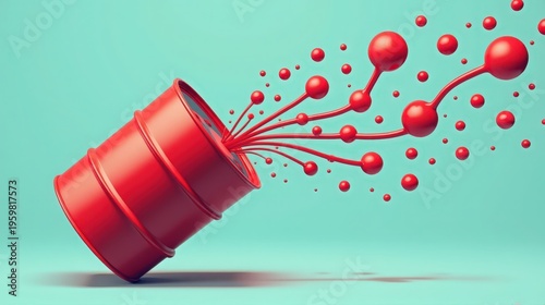 A vibrant red paint can tipped over with splashes and droplets creating an artistic effect against a turquoise background.