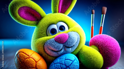Cute Plush Bunny Painting Easter Eggs with Brushes on Dark Background for Kids Craft
