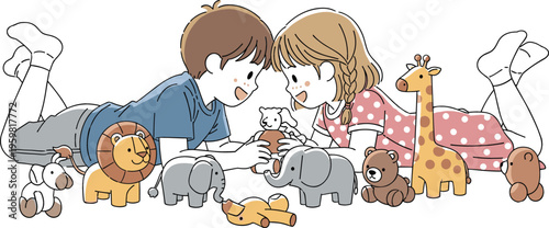 Cute kids playing with stuffed animal toys together, cartoon vector illustration of children bonding and imaginative playtime with plush animals
