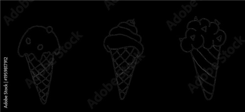 
Three set of hand-drawn outline SVG ice cream cones. Ideal for summer projects, menus. Scalable vector graphics offer playful charm for digital/print.