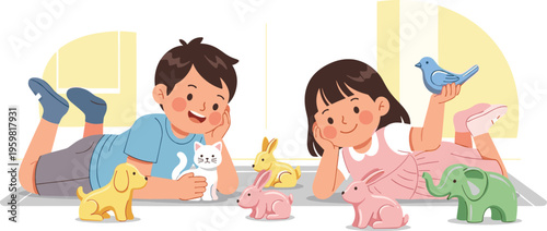 Cute children lying and playing with animal toys, cartoon vector illustration of kids enjoying imaginative playtime with pets and plush animals